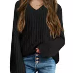 Haloumoning Mädchen Pullover V-Ausschnitt Leichter Strickpullover Kinder Basic Einfarbig Langarm Knitted Sweater Winter Shirt Pulli Oberteile Schwarz 7-8 Jahre