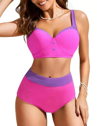 Hanna Nikole Bauchweg Damen Gerippte Bademode Curvy Badeanzug Push Up Bikini-Oberteil Und High Waist Hose Weicher Schwimmanzug Shape Strandmode Retro
