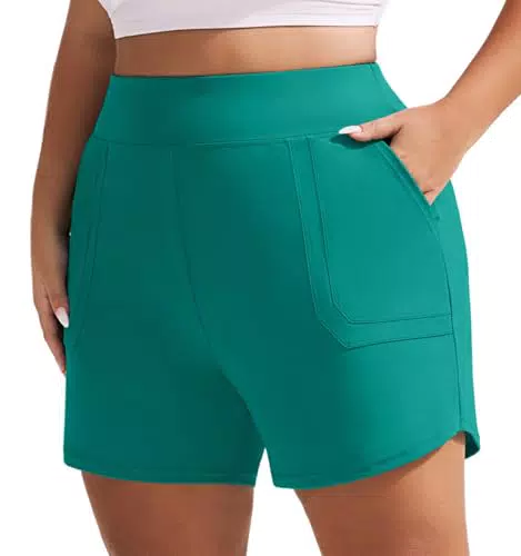 Hanna Nikole Damen-Badeanzug-Shorts in Übergröße elastische Badehose Neue Badeshorts mit hoher Taille Blaugrün 52