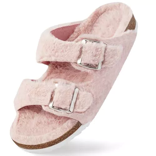 Harvest Land Damen Flauschige Sandalen Weiche Wärme Pantoffeln Kunstpelz Open Toe Latschen Mit Verstellbaren Schnallen Fur Slides Rutschfeste Lndoor Outdoor Slipper Modischen. Pink 39
