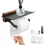 HEKOBAG Toilettenpapierhalter Holz mit Ablage Klopapierhalter Klorollenhalter ohne Bohren Holz WC Rollenhalter Schwarz WC Papier Halterung ohne Bohrung Holz Toilettenpapierhalterung für Bad Küche