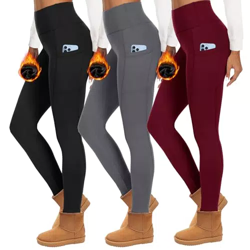 HIPOWER Thermoleggings Damen mit Taschen, gefüttert, hohe Taille, blickdicht
