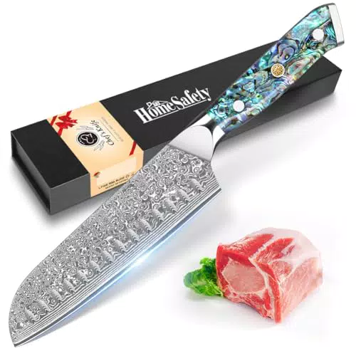 Home Safety Damastmesser Santoku Messer mit extrem Scharf 18cm Klinge aus 67 Lagen VG-10 Damaststahl Küchenmesser Damast Gemüsemesser