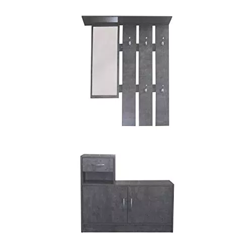 HTI living Garderobenpaneel mit Schuhschrank Thekla Beton mit Spiegel Hutablage und 5 Kleiderhaken