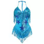 IBAKOM Rave Outfits Damen Sexy Music Festival Outfit Sexy Pailletten Fransen Bodysuit Glitzerndes Kleid Club Party Nachtclub Kostüm Für Festival Tanz Clubwear Party Slim Fit Cosplay Kostüm blau