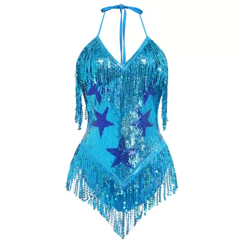 IBAKOM Rave Outfits Damen Sexy Music Festival Outfit Sexy Pailletten Fransen Bodysuit Glitzerndes Kleid Club Party Nachtclub Kostüm Für Festival Tanz Clubwear Party Slim Fit Cosplay Kostüm blau