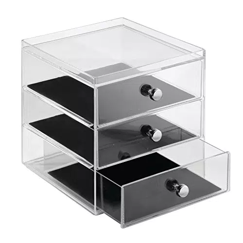 iDesign Clarity Jewelry Schmuckaufbewahrung, Schmuckkasten mit 3 Schubladen für Uhren