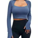 Imily Bela Damen Langarm Crop Tops Slim Gym Top Quick Dry Sport Yoga Oberteile Basic T-Shirt Mit Eingebautem BH Blau X