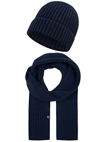 Indicode Unisex Geyser Winter-Set Mütze & Schal, Strick Wintermütze Winterschal Navy O