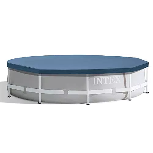 INTEX 28030 Marineblaue runde Poolabdeckung aus 100% Polyethylen entworfen für Pools mit 305 cm Durchmesser mit Abflusslöchern und Seilbindern