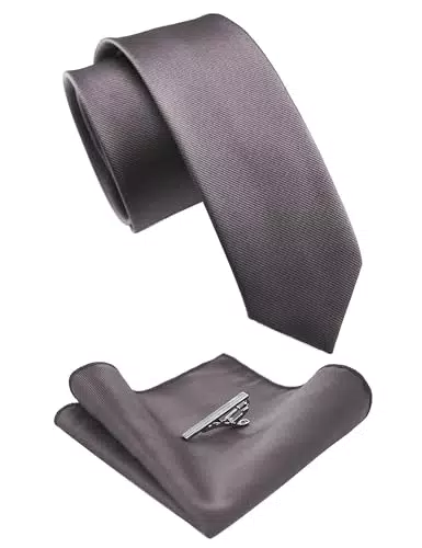 JEMYGINS Schmale Herren Krawatte und Einstecktuch krawattenklammer Set 6cm dunkelgrau
