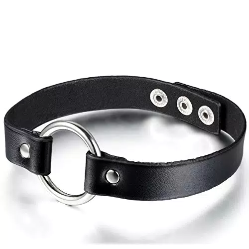 JewelryWe Leder Choker Damen: Gotik Punk Halsband mit O-Ring Anhänger