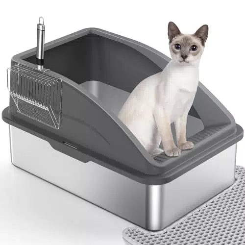 Katzenklo Edelstahl XXL, Katzentoilette Edelstahl 28L Katzenklo Groß mit Katzenstreuschaufel und Doppelschicht Matte