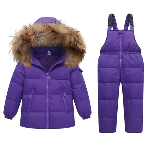 Kinder Daunenjacke Schneeanzug mit Kunstfellkapuze für Mädchen und Jungen