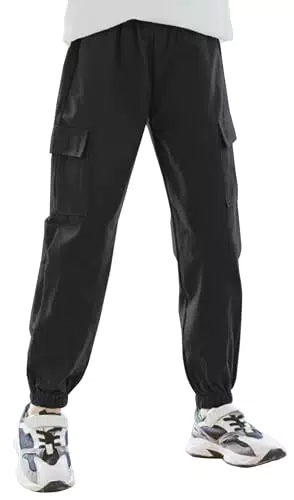 Kinder Mädchen Cargo Hose mit Multi Pocket Leichte Baumwollhosen Hohe Taille Gerades Weites Bein Streetwear Baggy Lose Jogger Schwarz 5-6 Jahre