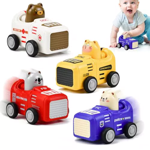 KLYKLL 4 Stücke Spielzeugautos Press and Go Spielfahrzeuge Baby Auto Spielzeug ab 1 Jahre Drück & Los Spielfahrzeuge Spielzeug Auto Tier Autospielzeug Geschenk für 1 2 3 Jahr Kinder