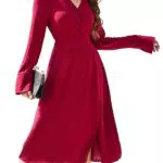 KOJOOIN Damen Kleid Langarm Freizeitkleid V-Ausschnitt Stehkragenkleid Knielang Split Midikleid A-Linie Elegante Tunika Kleid