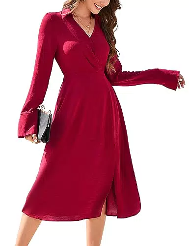 KOJOOIN Damen Kleid Langarm Freizeitkleid V-Ausschnitt Stehkragenkleid Knielang Split Midikleid A-Linie Elegante Tunika Kleid