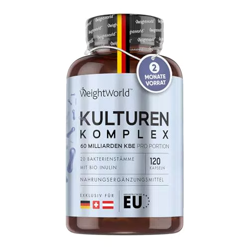 Kulturen Komplex mit 60 Mrd. KBE - 20 Bakterienstämme und Bio Inulin -120 vegane Kapseln - Bakterienkulturen mit Bifidobacterium