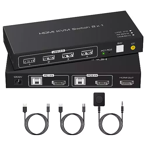 KVM Switch HDMI 2 Port 4K 60Hz USB 2.0 for 2 Computers 1 Monitor Share Keyboard Mouse Printer KVM USB Switch Support Wire Desktop Controller Includes 2 USB 2.0 Cables