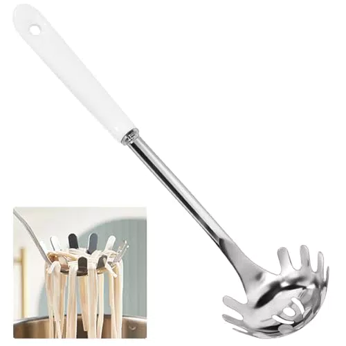 KYYGKY Nudelzange Edelstahl Spaghettilöffel 30cm/11.81in Nudellöffel mit Keramikgriff Spaghettilöffel aus Edelstahl Hängbar Nudelschöpfer Nudelkelle Spaghetti Löffel Pastalöffel für Küche