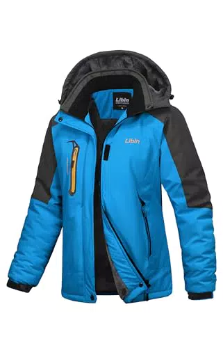 Libin Winterjacke Damen Warm Gefüttert Skijacke Outdoorjacke Damen Wasserdicht Atmungsaktiv Wanderjacke Übergangsjacke Reitjacke mit Abnehmbarer Kapuze und Reißverschlusstaschen Schwarz