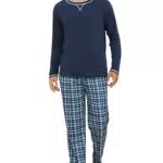 Litherday Schlafanzug Herren Lang Winter Baumwolle Zweiteiliger Nachtwäsche Set Männer Lang Rundhals mit Kariert Pyjamahose
