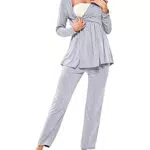 Litherday Stillpyjama Lang Umstandspyjama Langarm Zweifarbiger Baumwolle Stillzeit Nachtwäsche Stillfunktion Pyjama Set mit Elastischen Bundes und Tasche