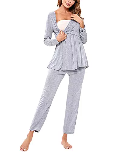 Litherday Stillpyjama Lang Umstandspyjama Langarm Zweifarbiger Baumwolle Stillzeit Nachtwäsche Stillfunktion Pyjama Set mit Elastischen Bundes und Tasche