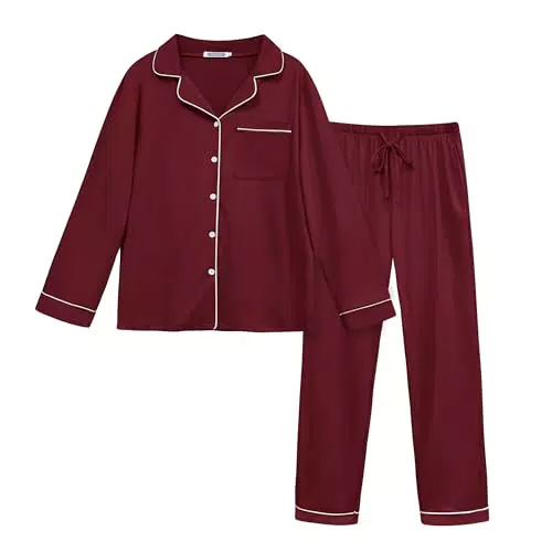 Lovasy Damen Schlafanzug Winter Lang Pyjama Set Zweiteiliger Kuschel Langarm Hausanzug Damen 2-Teilig Schlafanzüge Knopfleiste mit Taschen