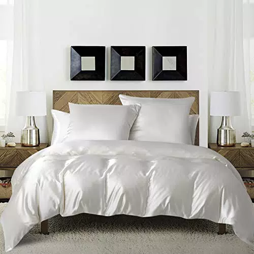 Luofanfei Bettwäsche 155x220 Weiß Creme Satin Glänzend Seide Glatt Bettwäsche-Sets Einfarbig Luxus Glanzsatin Polyester Bettwäsche Bettbezug Set Einzelbett und Kissenbezüge 80x80 cm