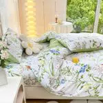 Luofanfei Bettwäsche Set 220x240 Weiß Grün Blätter Pflanzen Blumen Pflanzen Bettwäsche-Sets Vögel Botanisch Microfaser Bettbezug und Kopfkissenbezüge 80x80cm mit Reissverschluss