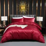 Luofanfei Weinrote Bettwäsche Satin 220x240 cm Sommer Glanzsatin Glänzend Bettwäsche Set Rot Uni Gestreift Muster Seide Glatt Luxus Bettwäscheset-Sets 240x220 mit Reissverschluss