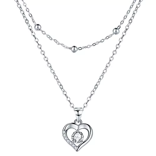 Lydreewam Liebe Herz Kette für Damen 925 Sterling Silber Doppel Layered Halskette mit Kugeln und Zirkonia Valentinstag Muttertag Geburtstag Geschenk