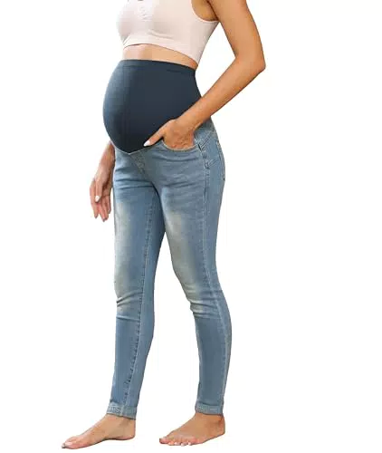 Maacie Umstandshosen Lange Elastisch Jeans für Schwangerschaft Bequem Jeans Frühling Sommer Blau