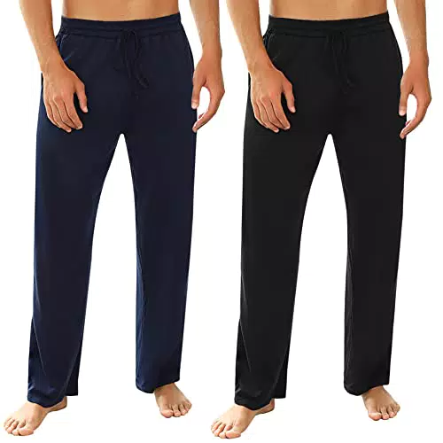 Marvmys Schlafanzughose Herren Lang Einfarbige Pyjamahose für Männer 100% Baumwolle Schlafhose Haushose Freizeithose Yogahose Schwarz+Dunkelblau 3X