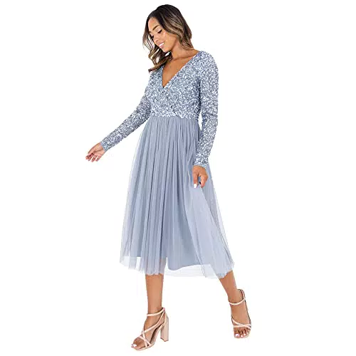 Maya Deluxe Damen Maya Deluxe Midi Elegant Hochzeit Ärmel Tiefer V Ausschnitt Pailletten Cocktailkleid Abschlussball Bridesmaid Dress
