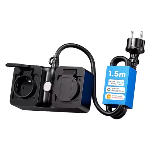 Meross WLAN Outdoor Steckdose mit 1, 5m Kabel, Smart Außensteckdose Zeitschaltuhr Wasserdicht mit 2-Fach kompatibel mit Alexa und Google Assistant