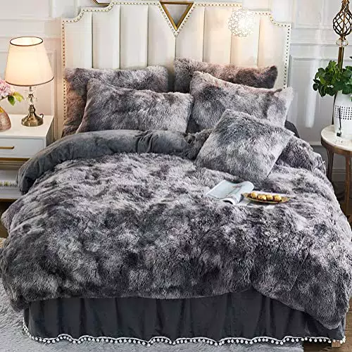 Michorinee Plüsch Bettwäsche 220x240 Winter Flauschig Warme Bettbezug Fleece Flausch Langhaar Kunstfell Tie Dye Gedruckt Grau Plüschbettwäsche Set mit Reißverschluss - 220 x 240 cm + 2 x 80 x 80 cm
