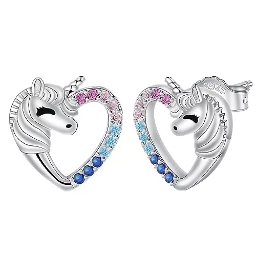 Micory Einhorn Ohrringe Silber 925 Dame, Herz Ohrstecker Geschenke für Mädchen Frauen Tochter Enkelin