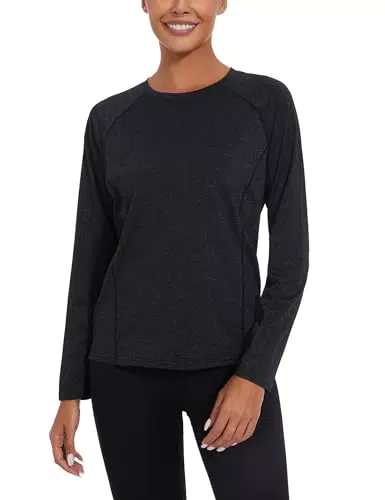 Migcaput Damen Langarm T-Shirt Damen Workout Laufshirts Leichtes Yoga Activewear Schnell trocknendes Rundhalsausschnitt Sport-T-Shirt Wander Shirt Damen Schwarz XX