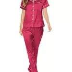 MyFav Satin Pyjama Damen Kurzarm Schlafanzug mit Knopf und langen Hosen