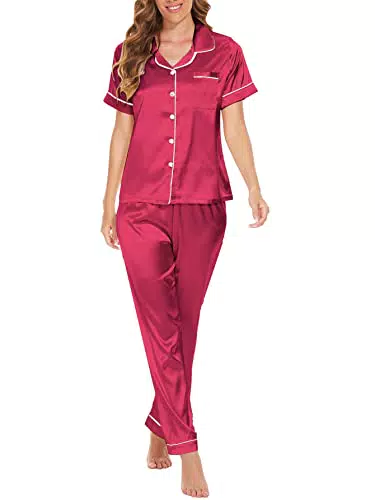 MyFav Satin Pyjama Damen Kurzarm Schlafanzug mit Knopf und langen Hosen