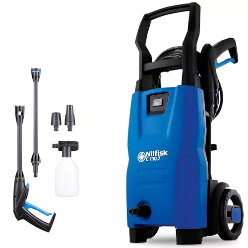 Nilfisk C 110.7 Bar Hochdruckreiniger + Schaumsprüher - Mini Pressure Washer für die Reinigung von Außenbereichen und Autowäsche