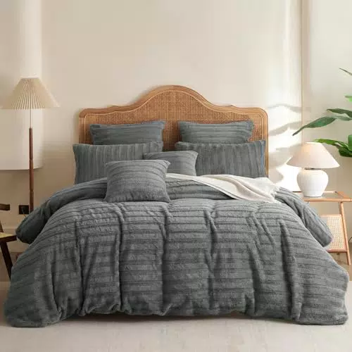 Nyescasa Plüsch Bettwäsche 135x200 Winter Warme Flauschige Kunstfell Flanell Fleece Winterbettwäsche Set Wende Grau Gestreift Bettbezug mit Reißverschluss und 1 Kissenbezug 80x80cm