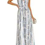 OUGES Sommerkleid Damen Lang Maxikleider V-Ausschnitt Kleider Ärmellos Blumenkleid Beiläufige Träger Rückenfreies Kleid Strandkleid Elegant Party Freizeitkleid Mit Taschen