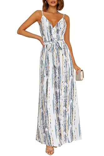 OUGES Sommerkleid Damen Lang Maxikleider V-Ausschnitt Kleider Ärmellos Blumenkleid Beiläufige Träger Rückenfreies Kleid Strandkleid Elegant Party Freizeitkleid Mit Taschen