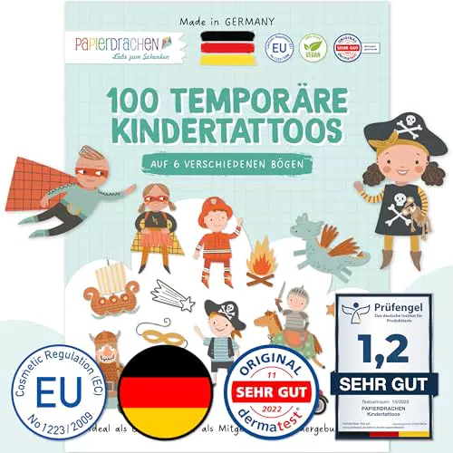 Papierdrachen 100 Kindertattoos zum Aufkleben aus Deutschland - Tattoos mit Heroes und weiteren kindgerechten Designs - als Geburtstagsmitgebsel - vegan - Diversity - Set 15