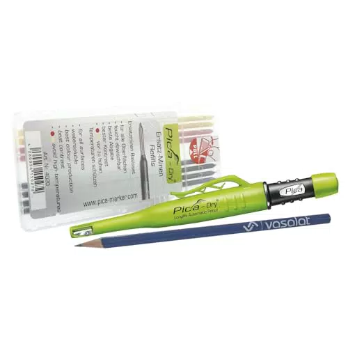 Pica Tieflochmarker - Pica-Set - Dry Longlife Stift 3030 mit 8 Ersatzminen graphit 2B/gelb/rot