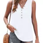 PLOKNRD Damen Sommer V-Ausschnitt Tank Top Knöpfen Ärmellos Läsiges Unterhemd with Tasche
